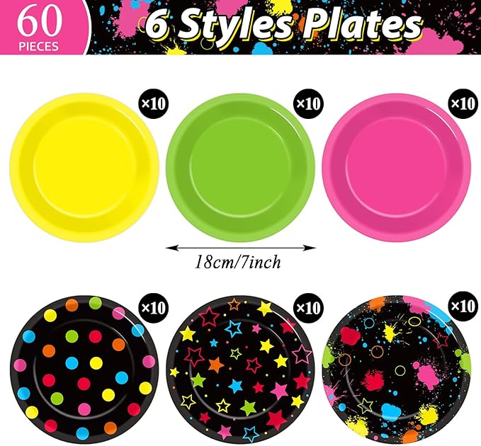 60Pcs Neon Birthday Party Plates Glow in the Dark Disposable Paper Dessert Plates for Neon Glow Birthday Decorations Party Tableware Set for Kids Back to 80S 90S Blacklight Baby Shower Supplies