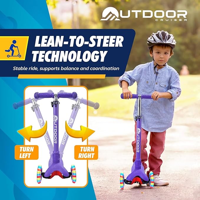 Outdoor Cruiser 3-wheel Kids Scooter – With Lean-to-steer Technology, Wide Deck, Led Lighted Wheel, 4-level Adjustable Height T-bar Handle, Support Kid Up to 150 Lbs, for Boys & Girls Ages 3-8, Purple