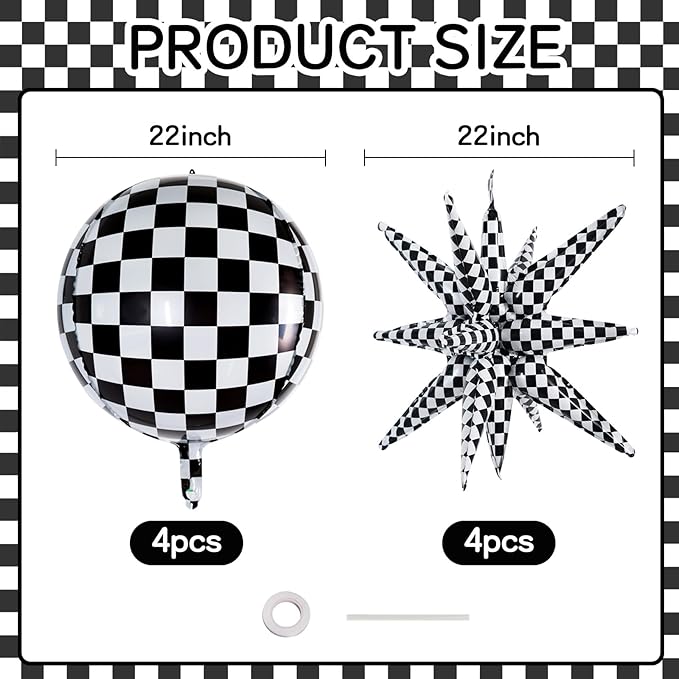 TONIFUL 8Pcs 22Inch Black Checkered Large 4D Giant Round and Star Balloons Explosion Star Mylar Balloons Set for Christmas New Year Birthday Wedding Bridal Shower Anniversary Photo Booth Supplies