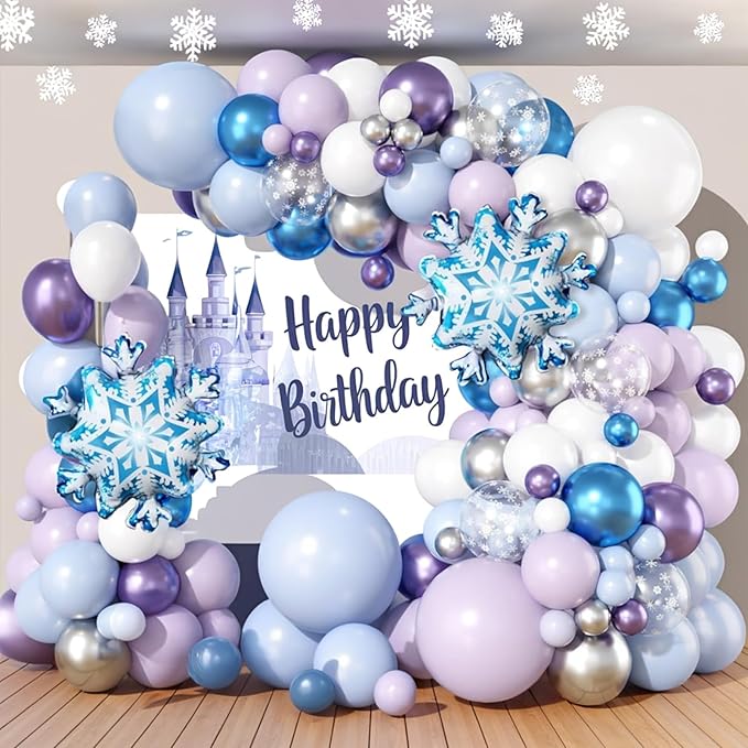 Frozen Birthday Balloon Arch Kit, Metallic Purple Blue Silver Snowflake Balloons for Girls Winter Theme Birthday Snow Theme Party Baby Shower Winter Party Decorations