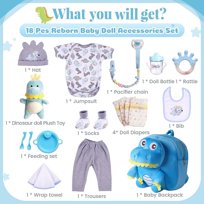 BABESIDE 18 Pcs Reborn Baby Doll Accessories for 17-22 Inch Dolls – Dinosaur Baby Doll Clothes Set with Diaper, Backpack, Feeding Set,Toy, Bottle, and Toys, for Boys & Girls
