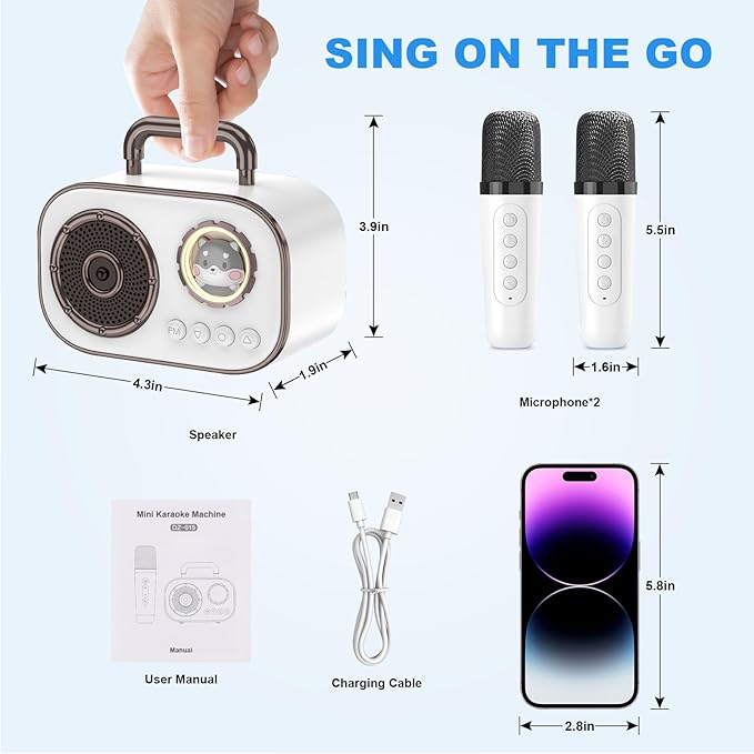 Mini Karaoke Machine for Kids Adults, Fun Portable Bluetooth Speaker with 2 Wireless Microphones, Stereo Sound Enhanced, Rich Bass, Cute Music Toys for Girls and Boys Ages 3-12 to Sing Loudly