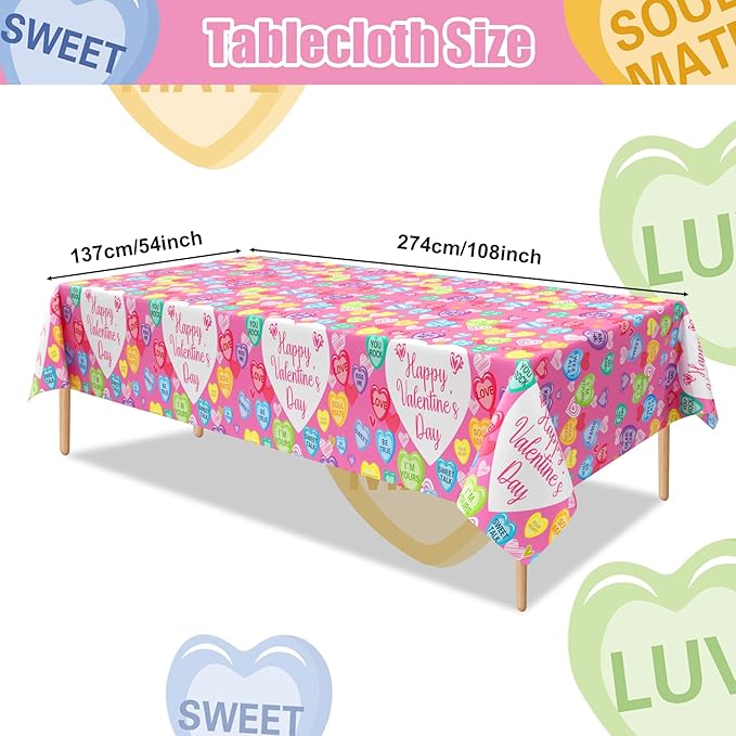 3Pcs Valentines Day Tablecloth, 54 x 108 Inch Conversation Hearts Plastic Table Cover, Pink Heart Tablecloth for Wedding Anniversary, Valentines Day Decorations