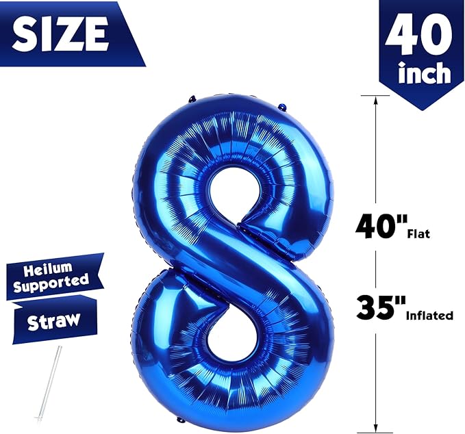 40 Inch Metallic Blue Number 8 Balloon, Giant 8 Number Balloons for 8th Birthday Decorations, Party Supplies for Baby Boy Girl, Metallic Blue Party Decor