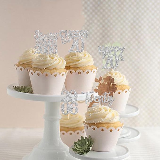 30PCS 20th Birthday Cupcake Toppers Glitter Twenty Happy 20th Straight Outta 2006 Cupcake Picks for Cheers to 20 Years Birthday Wedding Anniversary Party Cake Decorations Supplies Silver