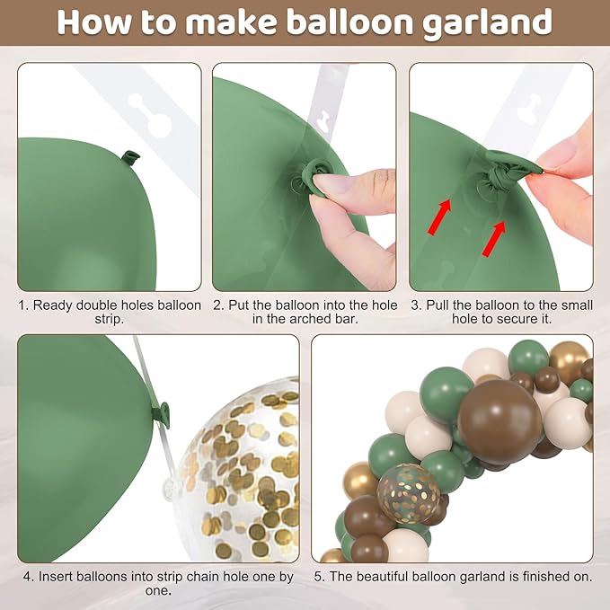 Amandir 153pcs Sage Green Brown Balloon Garland Arch Kit, Different Sizes 18 12 10 5 inch Olive Green Gold Latex Metallic Confetti Balloons for Safari Jungle Woodland Birthday Baby Shower Decorations