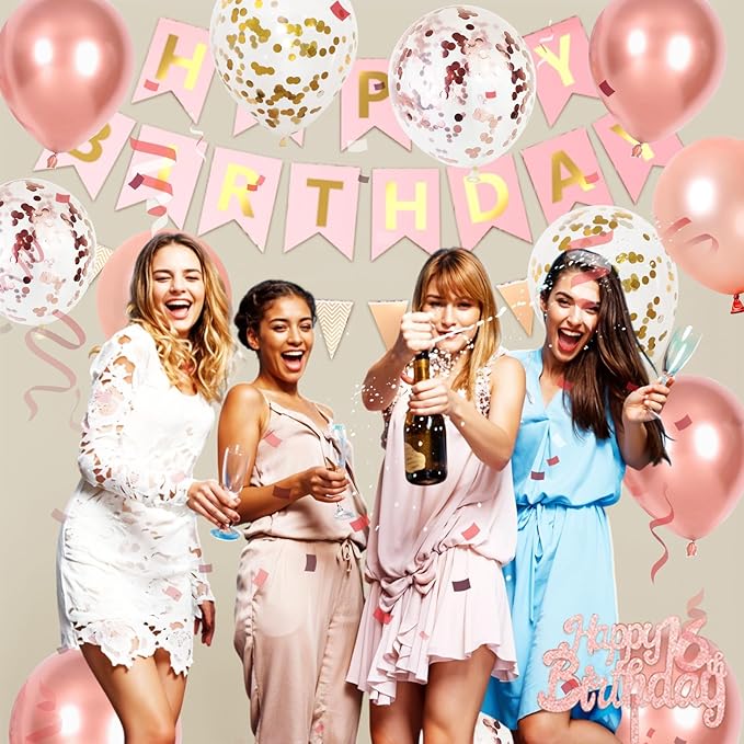 Rose Gold 16 Birthday Decorations, 16th Happy Birthday Party Decorations Set For Girl Woman Princess With Number 16 Balloons Gold Confetti Latex Balloons Flag Banner Fringe Curtain Cake Topper