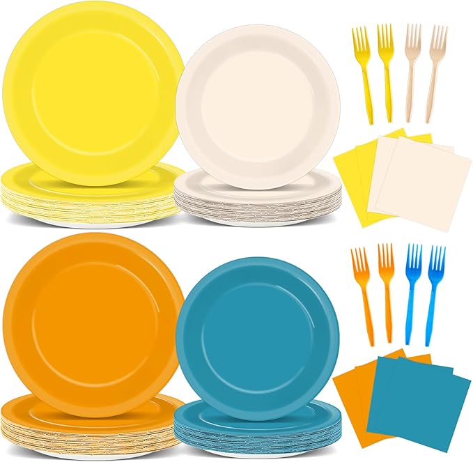 96PCS orange and yellow Party Paper Plates and Napkins for Boho Sun Party Supplies Retro Blue Orange Mustard Yellow Disposable Tableware Set for 24 Guests Baby Shower Birthday Parties Decorations