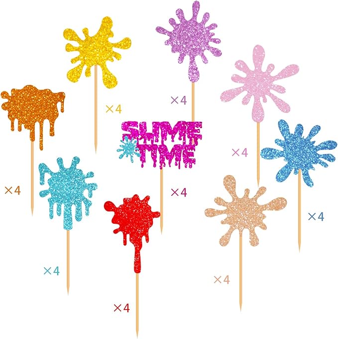 36 Pieces Glitter Slime Cupcake Toppers Colorful Painted Slime Cupcake Decorations for Slime Themed Birthday Party Art Themed Party Supplies