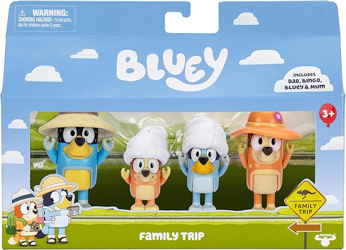 Bluey Family Figures Trip Pack of 4, Articulated Character Toys with Bingo, Bandit, and Chilli Figurines, Action Figures for Kids Ages 3+