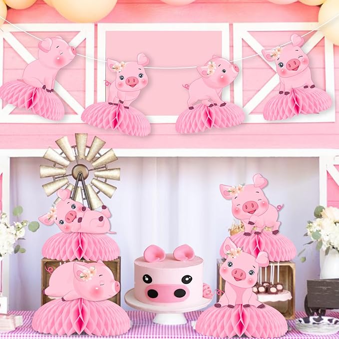 JOYMEMO 8 Pieces Pig Honeycomb Centerpieces for Tables - Pink Piggy Theme Birthday Decorations Girls, Pig Farm Animal Table Table Toppers for Barnyard Farmhouse Birthday Baby Shower Party Supplies