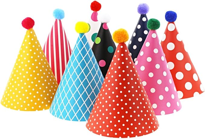 Party Hats for Kids Birthday Hats, DIY Mini Cone and Crown Set with Pom Poms, Small Paper Caps for Stuffed Animals, Pets or Toddler Decorations, Assorted Rainbow Colors