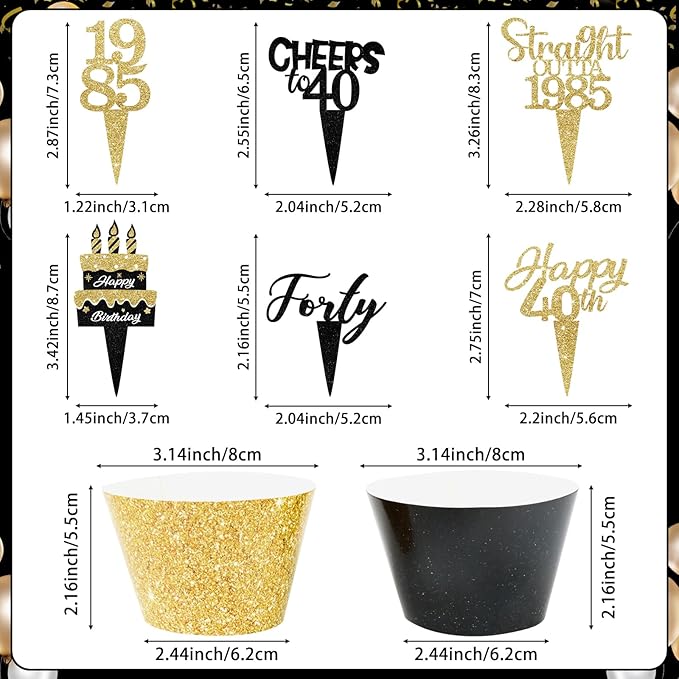 48 Pack Happy 40th Birthday Cupcake Toppers and Wrappers, Glitter Fabulous Vintage 1985 Cake Decor Cheers to 40 Year Cupcake Decorations for 40th Birthday Anniversary Party Supplies