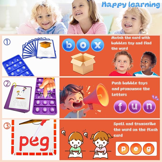 CVC Word Games, Sensory Toy to Learn and Spell, Phonics Games Flash Cards for Preschool Kindergarten Classroom Supplies, Multisensory Reading and Phonics Flash Cards for Kids 3+ Years