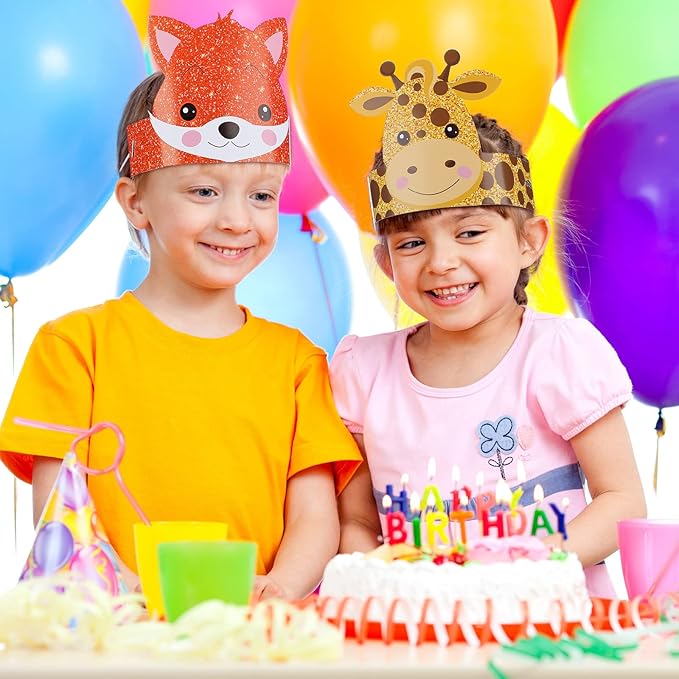 24 Pcs Animal Birthday Party Hats Animal Headbands Jungle Safari Animal Paper Party Crown for Girls Kids (Jungle Animal)