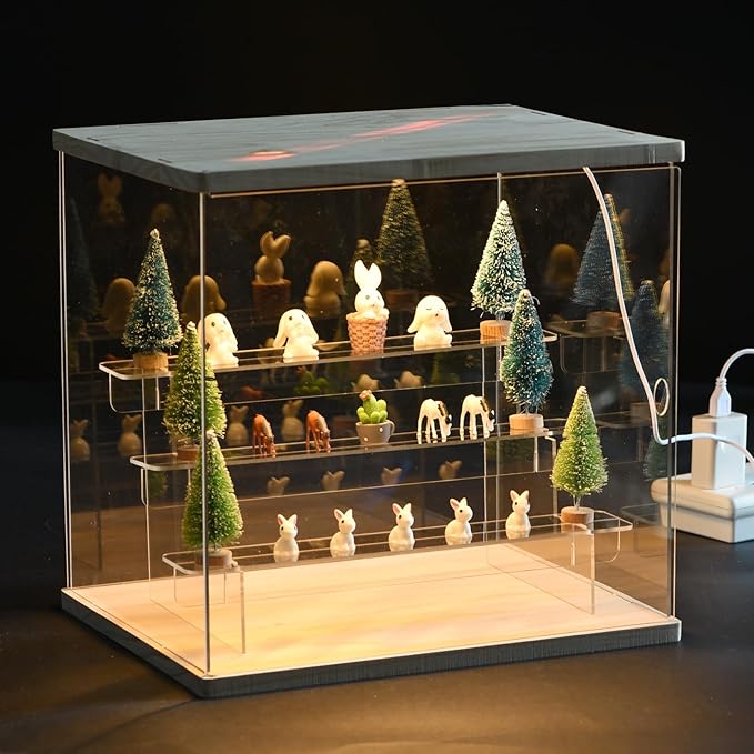 MECCANIXITY Clear Acrylic Display Case with LED Light 3 Tier Dustproof Showcase Assemble Cube Display Boxes Stand for Collectibles, Action Figures (12.6x9.45x11.81) Wood