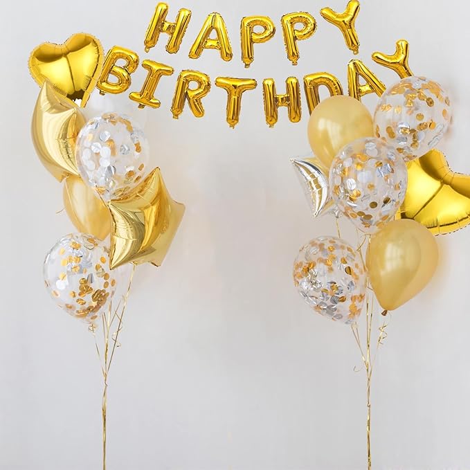 27 Pcs Gold Birthday Decorations, 3D Foil Gold Happy Birthday Balloon Banner, Pentagram Heart Foil Balloons Confetti Balloons Kit For Boys Girls Birthday Party Supplies