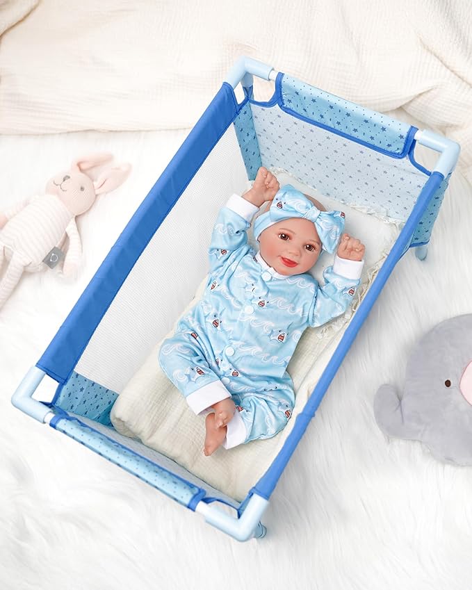 BABESIDE Baby Doll Crib Set for 18 Inch Dolls, Foldable Baby Doll Bed Playpen Toy Crib with Storage Bag for Reborn Baby Doll Accessories