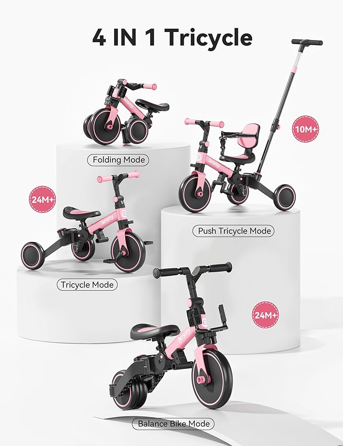 besrey 4 in 1 Toddler Bike, Toddler Tricycle for 1-3 Year Old, Trike with Push Handle, Backrest and Safety Belt, Birthday Gifts and Toys for Boys and Girls, Balance Bike
