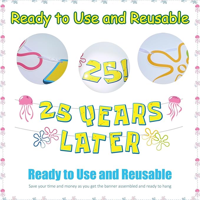 25 Years Later Birthday Banner Carton Sponge Banner Jelly Fish Hanging Swirls Garlands Sea Animals Hanging Banner for Birthday Party Decorations Supplies Party Favors