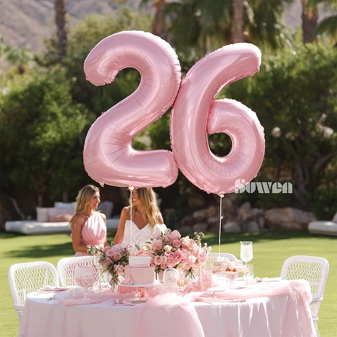 SUWEN 40 Inch Pink Large 26 Number Balloons Big Foil Helium Number Balloons 0-9 Jumbo Happy 26th Mylar Birthday Party Decorations for Girl or Women 62 Anniversary Party Supplies