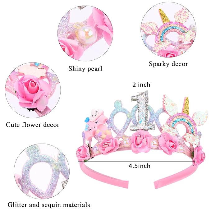 SuPoo First Birthday Decorations for Girl 1st Birthday Crown Headband Pink Hair Band Princess Tiara One Year Old Birthday Party Decorations Outfit Accessory