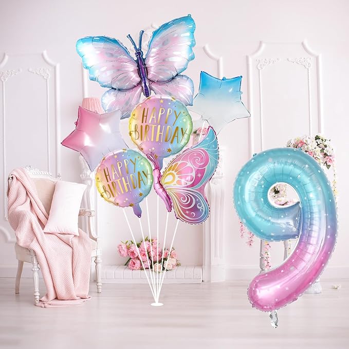 Butterfly Balloons, 9th Butterfly Birthday Decorations for Girls, Fantasy Giant Number 9 Butterfly Foil Balloons Birthday Party Supplies, Aluminum Film Girl Birthday Party Balloons Decoration