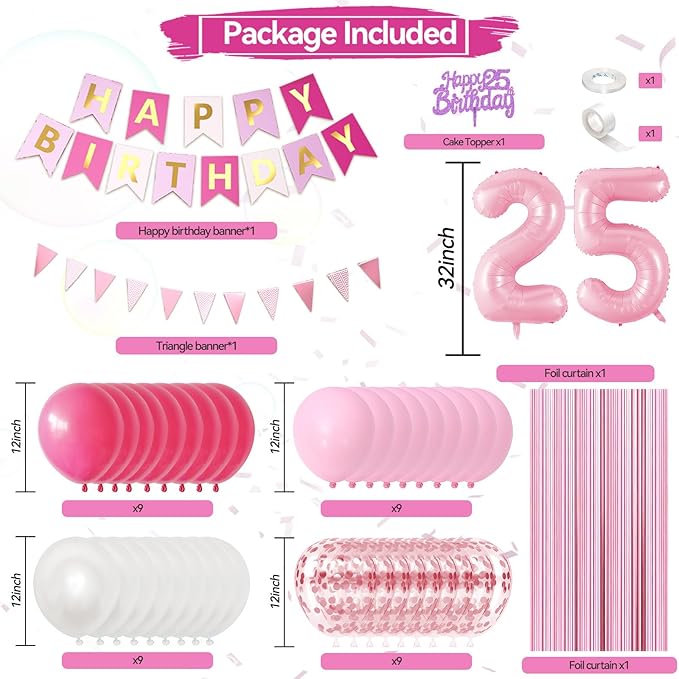 25th Birthday Decorations For Women, Pink Happy Birthday Party Decorations With Number 25 Balloons Pink Confetti Hot Pink Balloons Fringe Curtain Banner Cake Topper For 25th Party Supplies