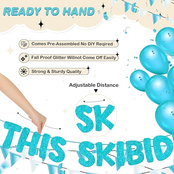 Fulmoon Pre Strung This Skibidi Rizzler Is 13 No Cap Glitter Banner 13th Birthday Party Decorations, Funny Birthday Sign, Party Supplies, Ideas, Gifts(Sky Blue)