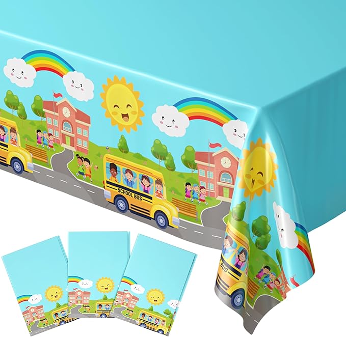 Blue Orchards School Bus Tablecovers (Pack of 3) - Party Supplies, Back to School Decorations, Wheels Tablecloth, Kindergarten Graduation Decorations, School Bus Theme Party