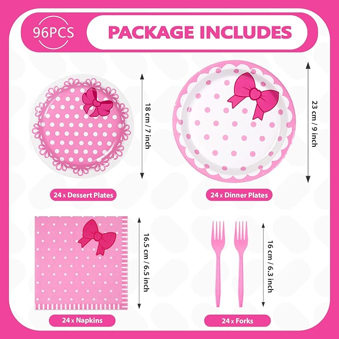 Grencian 96Pcs Pink Cat Party Decorations Pink Bow Cat Plates and Napkins Disposable Cute Cats Paper Tableware Set for Girls Baby Bridal Shower Birthday Wedding Party Supplies, Serves 24