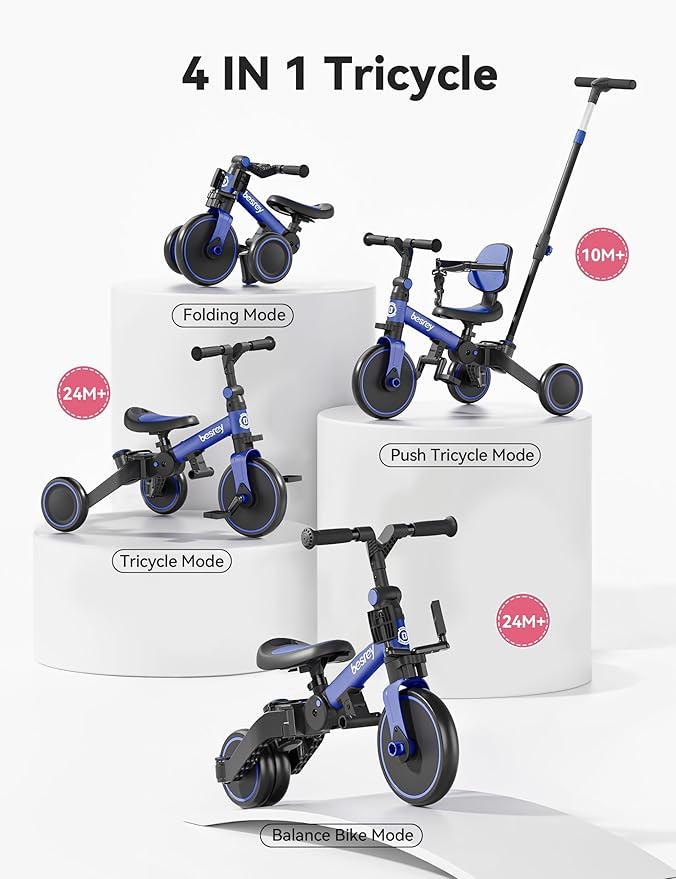 besrey 4 in 1 Toddler Bike, Toddler Tricycle for 1-3 Year Old, Trike with Push Handle, Backrest and Safety Belt, Birthday Gifts and Toys for Boys and Girls, Balance Bike (Dark Blue)