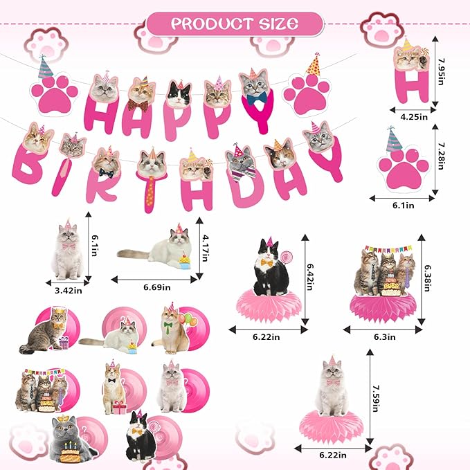 Cat Birthday Party Hanging Swirls - NOVBAUB 20PCS Lovely Pink Cat Birthday Party Supplies Honeycomb Centerpieces Cute Cat Theme Birthday Party Decorations for Cats Kids Teens Adults