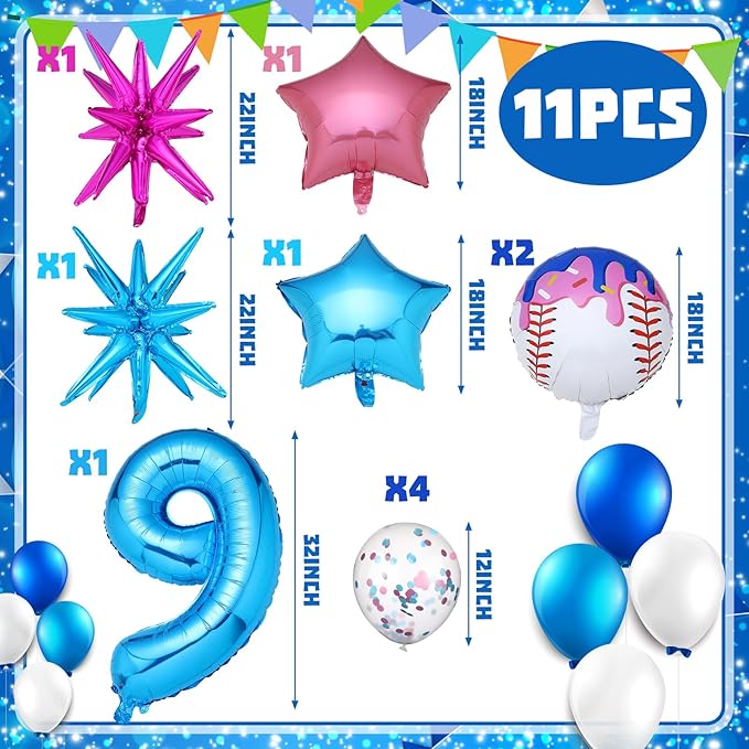 Ceenna 11 Pcs Ice Cream Drip Baseball Birthday Party Decorations 9th Baseball Balloons Birthday Decoration Sports Theme Party Supplies 32inch Foil Number 9 Balloon for Summer Ice Cream
