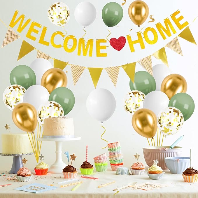Welcome Home Decorations,Green Gold Welcome Home Balloons Banners Set Glitter Banner with Confetti Balloons,Pennant Flag Bunting for Home Family Baby Shower Welcome Back Party Supplies