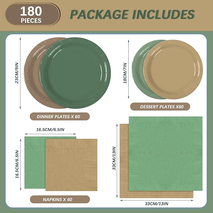 180Pcs Woodland Baby Shower Party Supplies Green and Brown Paper Plates and Napkins Serve 60 Disposable Tableware Set for Birthday Party Decorations Game Day Family Holiday Sports Events