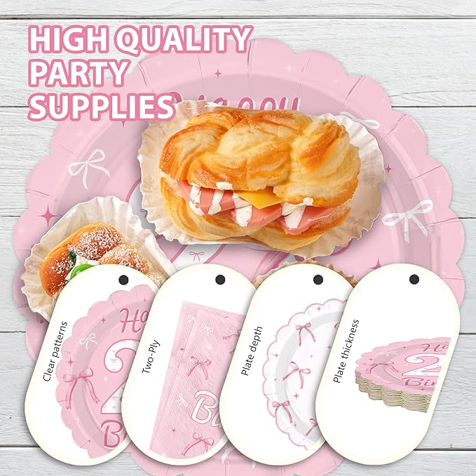 96Pcs Pink Bow Party Supplies Coquette 21th Birthday Party Plates and Napkins Disposable Bow Themed Tableware Set for Girl Happy 21th Birthday Baby Shower Decorations, Serves 24