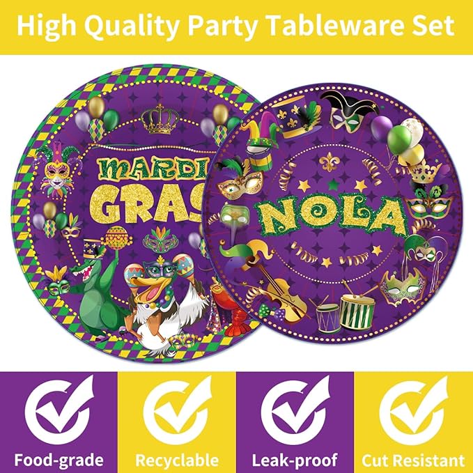 96Pcs Carnival Nola Paper Plates Napkins Forks Carnival Theme Party Decorations Tableware Set Mask Fat Tuesday Party Supplies Serve 24 Guests