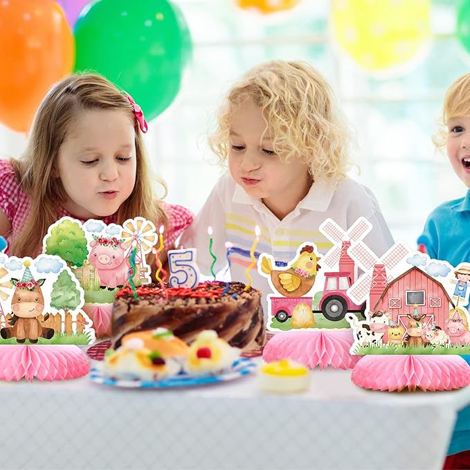 10 Pcs Pink Farm Animals birthday Party Supplies Girl Pink Barnyard Decorations Farm Animal Honeycomb Centerpiece for Table Baby Shower Party Decorations