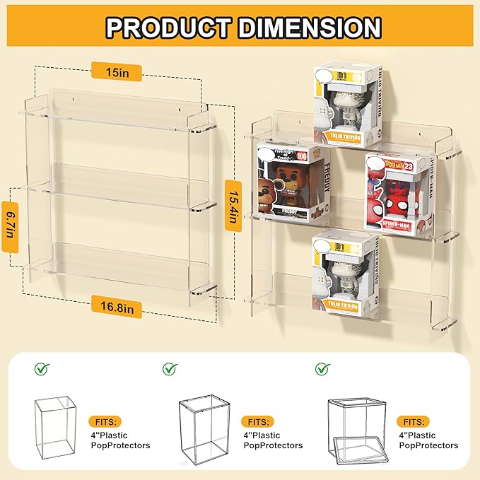 Wall Display Shelves, Acrylic Floating Shelves for Mini Toys, Clear Collectibles Display Case 2 Pack