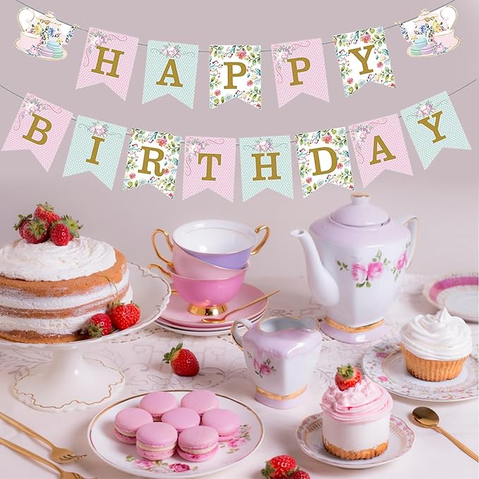 Tea Party Birthday Banner Floral Garland Birthday Banner Flower Wonderland Theme Decoration for Women Girls Baby Shower Party Supplies