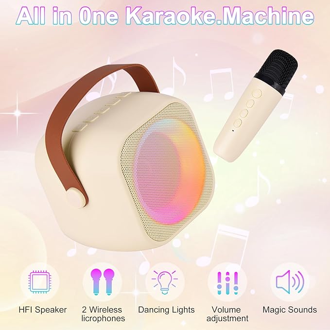Karaoke Machine for Kids Adults, Mini Portable Bluetooth Karaoke Speaker with 2 Wireless Microphone and Lights,Toys for All Smartphones,Birthday, Family,Home Party Beige