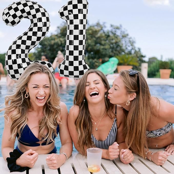 TONIFUL 40 Inch Checkered Number 2 Balloon 2nd Race Car Birthday Party Supplies Black and White Large Number Balloon for Girls Boys 2nd Birthday Fast Race Car Flag Party Decorations
