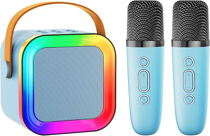 Mini Karaoke Machine Speaker for Kids Adults,Portable Bluetooth with 1-2 Wireless Microphones,Christmas Birthday Gifts Toys Girls Boys Ages 4, 5, 6,7, 8,9,10,11,12+ Years Old Toddler (Blue - 2 Mic)