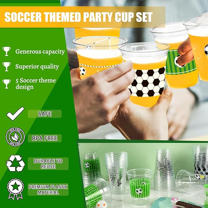 100Pcs Soccer Party Decorations Cups, 12 OZ Disposable Plastic Drinking Cups for Sports Themed Tailgate Events Game Day Football Soccer Birthday Party Decor Supplies Favors