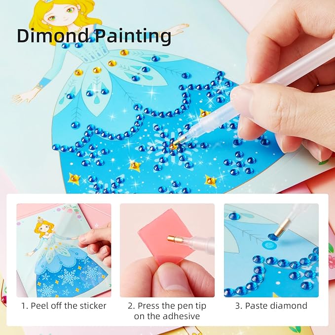 MiDeer 4-in-1 Dress Up Games Set, Princess Art Craft Kits with Makeup Books, Stickers & Diamond Painting, Mess-Free Safe DIY Art Activity, Travel Toys, Ideal Birthday for Girls 4-8+