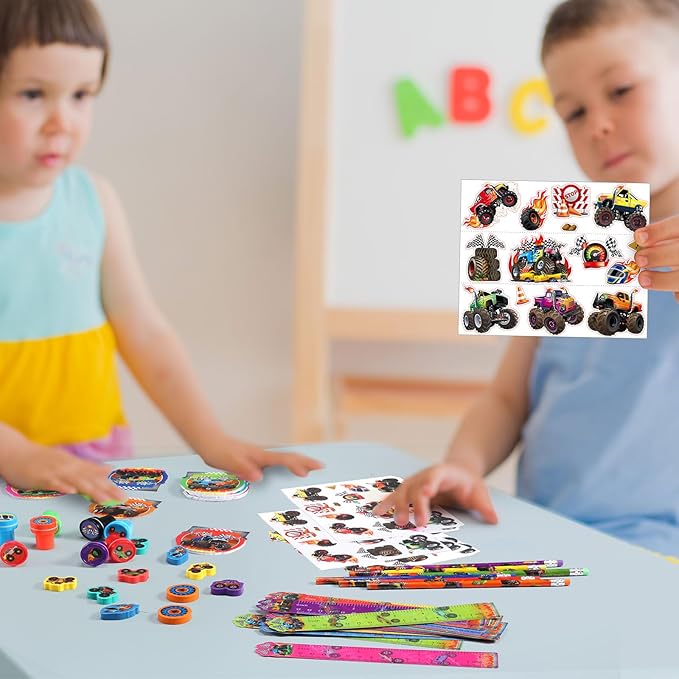 Cholemy 144 Pcs Monster Truck Party Favors Truck Party Supplies School Stationery Set Notebook Sticker Stamper Eraser Ruler Pencil Bag for Birthday Baby Shower Gifts Classroom Prize(Colorful,Monster)