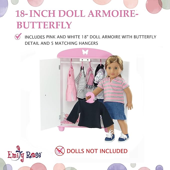 Emily Rose 18 Inch Doll Closed Door Clothes and Accessories Closet – Butterfly Furniture Collection – Fits 18” Dolls Like American Girl Our Generation Adora My Life As – Includes 5 Hangers – USA Brand