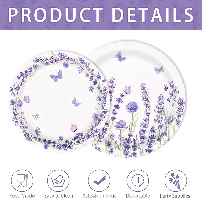 200Pcs Lavender Party Supplies Spring Purple Lavender Floral Plates and Napkins Disposable Butterfly Flower Tableware Set for Wedding Birthday Baby Shower Tea Party Decorations Serves 50