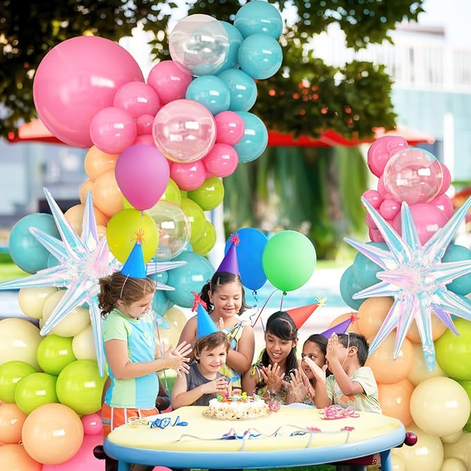 Summer Tropical Balloon Arch Garland Kit Iridescent Star Balloons and Transparent Balloon Teal Pastel Pink Orange Yellow Lime Green Balloons for Hawaiian Luau Aloha Birthday Pool Party Decor